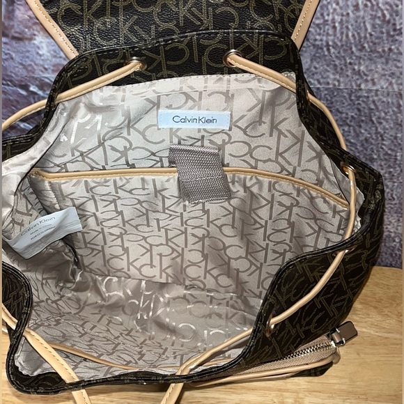 Calvin Klein Logo Monogram Brown Tan Adjustable Backpack Bag - Picture 10 of 14